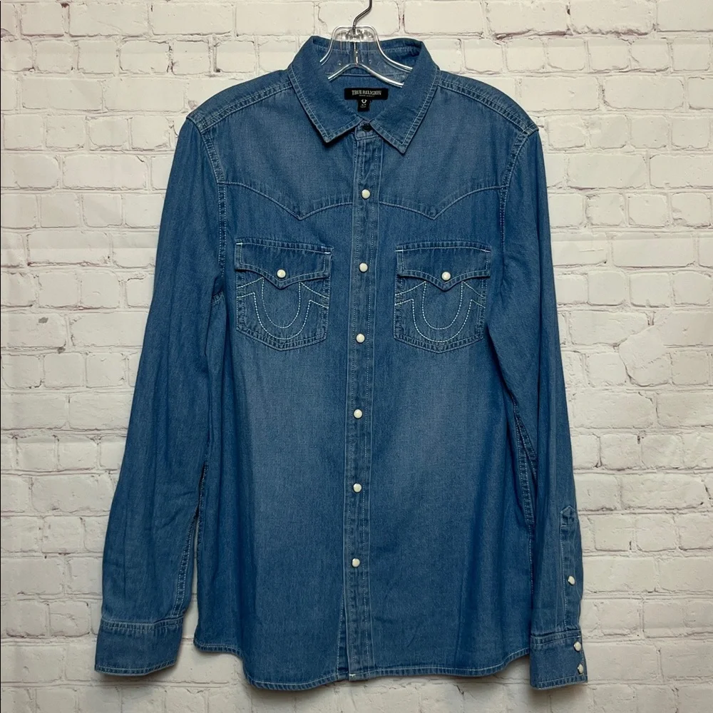 True Religion Chambray Logo Denim Shirt